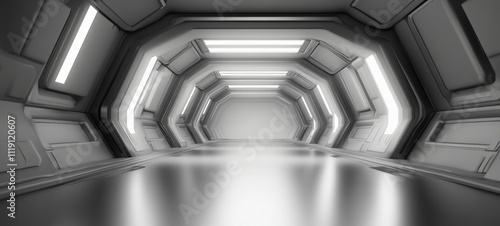 Fototapeta Naklejka Na Ścianę i Meble -  Futuristic Spaceship Corridor: A 3D Render of a Sleek, Modern Spaceship Interior