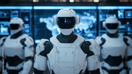 Wallpaper Mural Futuristic humanoid robots standing in a high-tech control room with screens displaying data and maps, symbolizing advancements in artificial intelligence and technology Torontodigital.ca