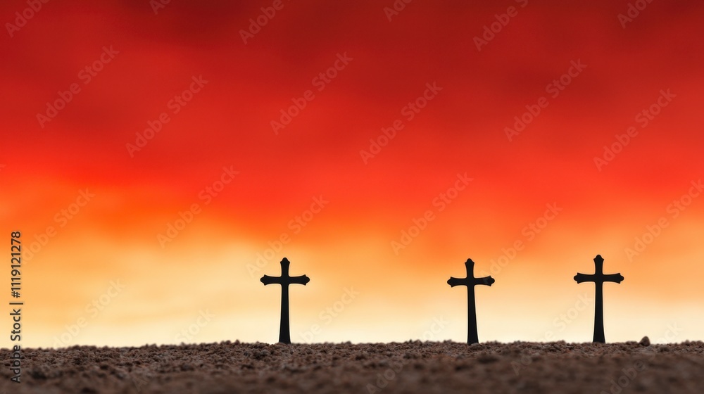 Dramatic Sunset Silhouette Three Crosses on Horizon Dramatic Sunset Silhouette Three Crosses on Horizon