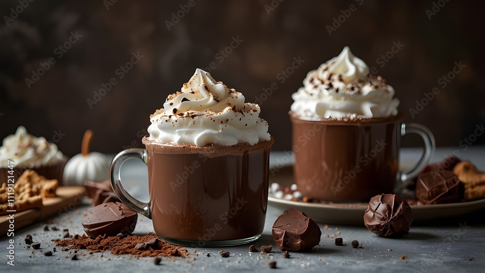 three mugs of hot chocolate topped with fluffy whipped cream and chocolate shavings.holiday campaigns, recipe blogs, cozy winter themes, social media posts, or seasonal advertising. Perfect for illust three mugs of hot chocolate topped with fluffy whipped cream and chocolate shavings.holiday campaigns, recipe blogs, cozy winter themes, social media posts, or seasonal advertising. Perfect for illust