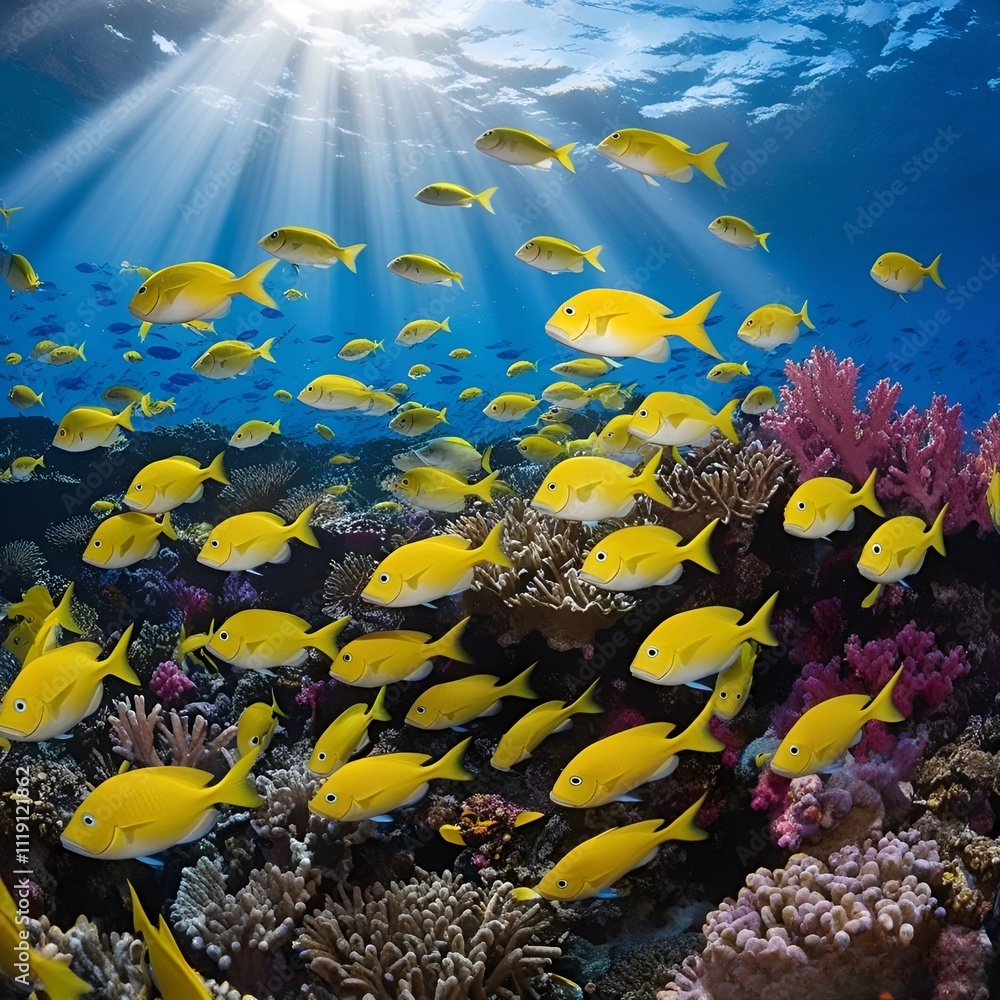 Naklejka premium The underwater realm is a vibrant ribbon of life, colorful coral gardens sway with currents, exotic fish gracefully, and calm blue depths reveal the wonders of the ocean.