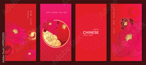 Chinese New Year 2025 hongbao red envelope design vector. Collection of Chinese festival with peony flower, pattern. Elegant oriental illustration for ang pao, cover, website, calendar, ads.