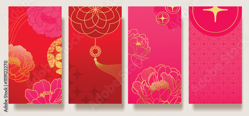 Chinese New Year 2025 hongbao red envelope design vector. Collection of Chinese festival with peony flower, lantern, pattern. Elegant oriental illustration for ang pao, cover, website, calendar, ads.