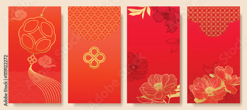 Chinese New Year 2025 hongbao red envelope design vector. Collection of Chinese festival with peony flower, lantern, pattern. Elegant oriental illustration for ang pao, cover, website, calendar, ads.