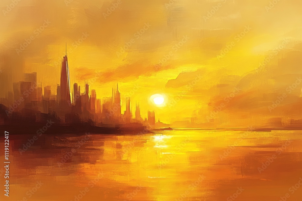 Naklejka premium Golden Cityscape at Sunset: An Impressionistic Painting
