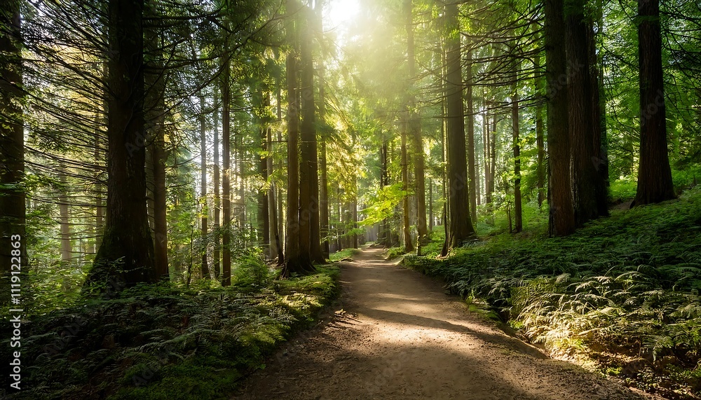 Obraz premium Sunlit forest path through tall trees.