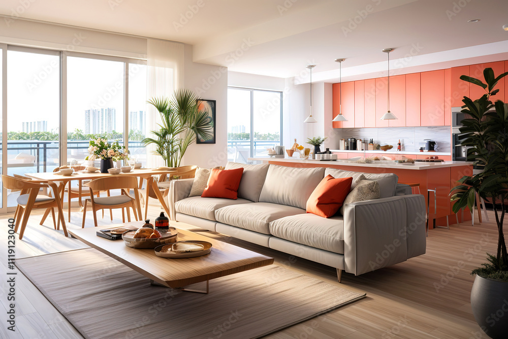 Fototapeta premium Elegant Chair Table Modern Furniture Interior Design Wide Window Interior Decoration