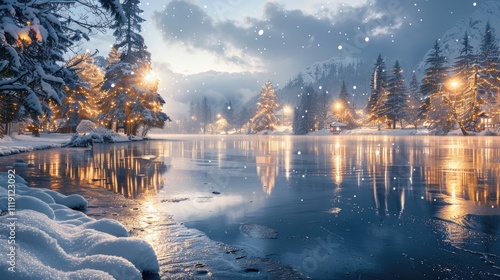 Visualize a stunning winter landscape with a frozen lake, snow-covered trees, and festive lights