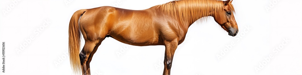 Obraz premium Elegant chestnut horse, standing alone, white backdrop, full body, detailed image.