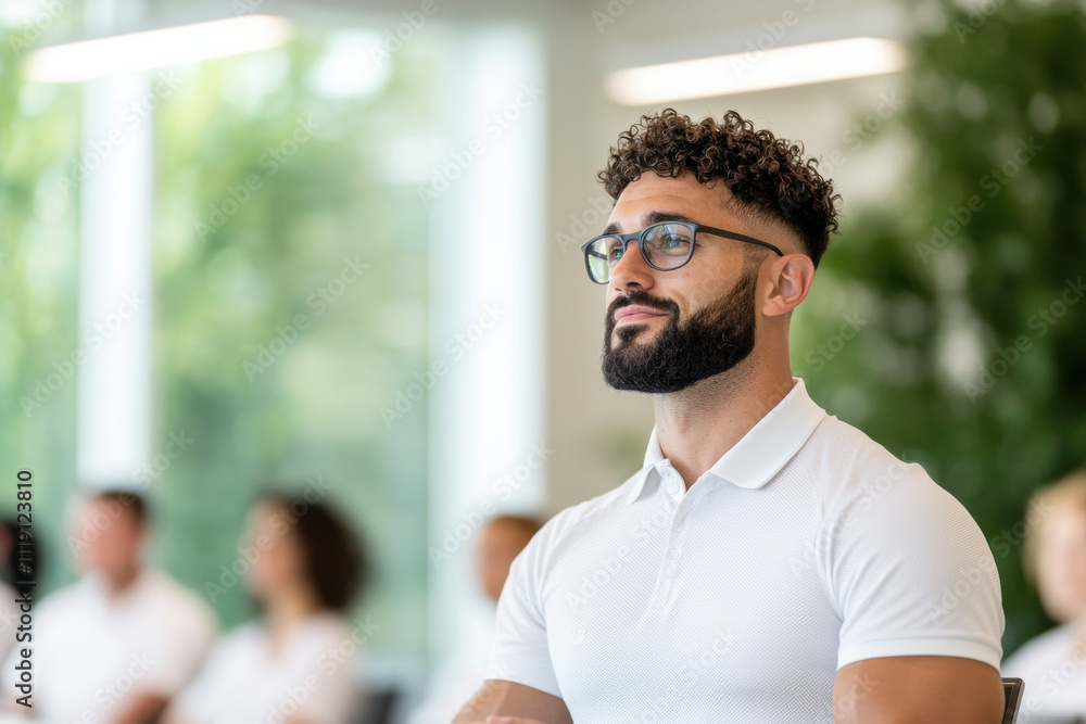 Obraz premium Man in white shirt attentively listening in meeting