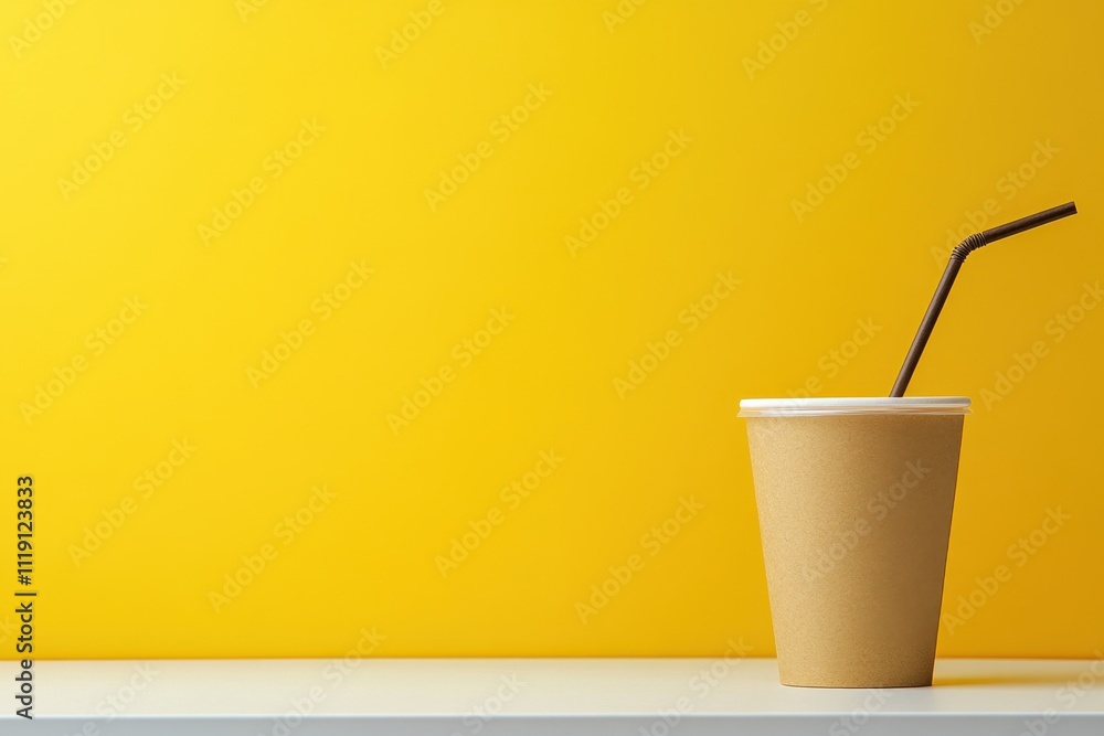 Paper cup with straw on yellow background. Ideal for beverage, cafe, or refreshment themes.