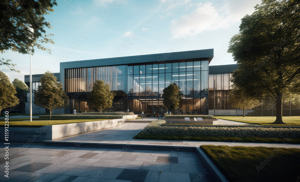 Obraz premium Sleek Modern Office Complex in Serene Environment