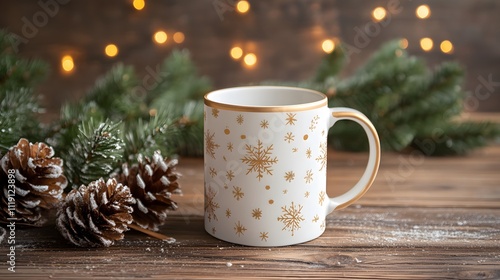 coffee mug mockup with Christmas decorations on a wooden table can be used for showcasing personalized holiday designs, branding, festive marketing, product promotion, gift ideas, or seasonal advertis