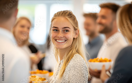 Smiling woman at casual office gathering