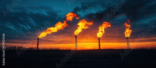 Four large flames burning from industrial chimneys against a dramatic sunset sky.