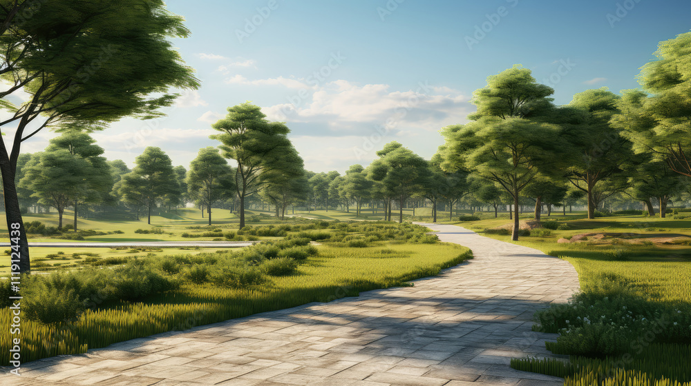 Fototapeta premium Tranquil Morning Walk in Lush Green Park