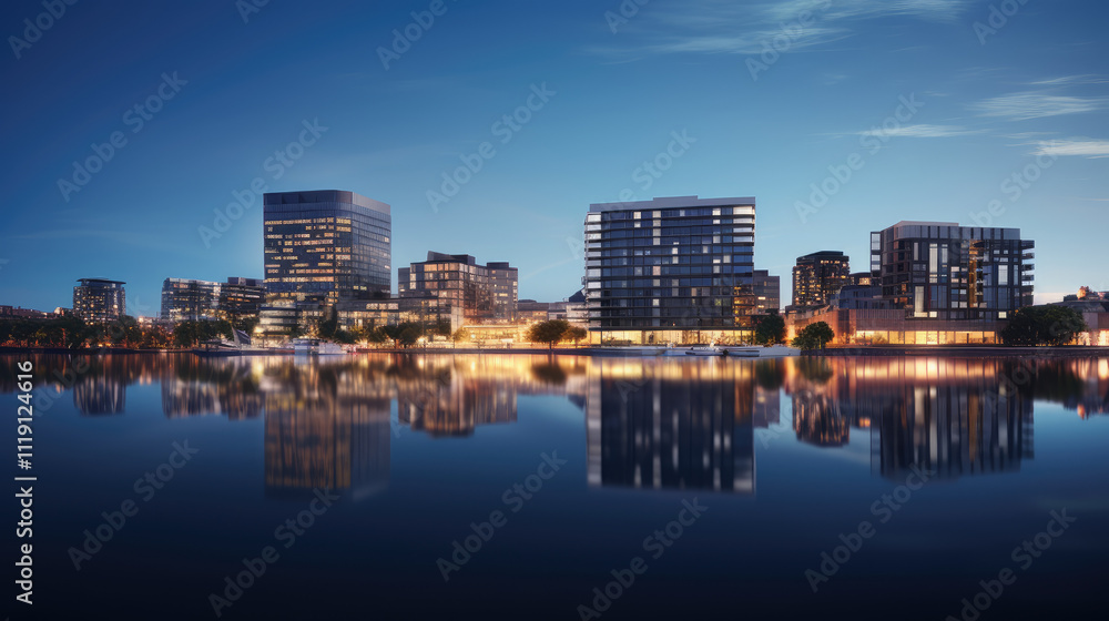 Serene Urban Waterfront at Twilight Serene Urban Waterfront at Twilight