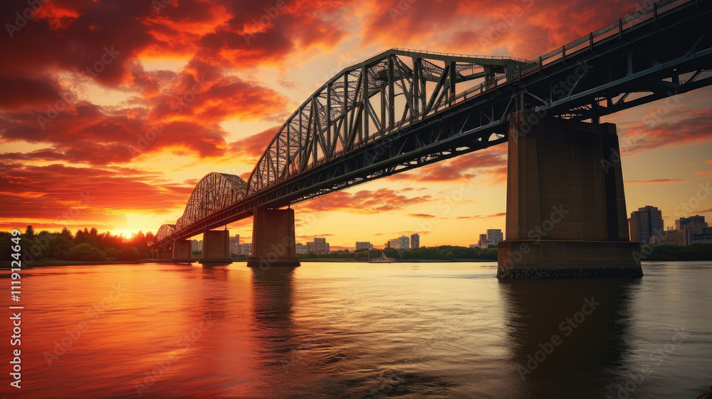 Naklejka premium Majestic Sunset Over Urban Bridge Landscape