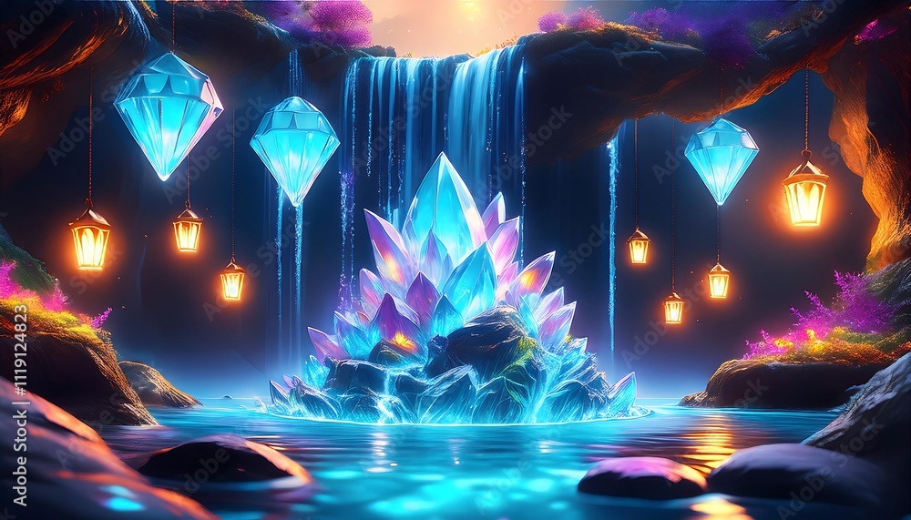 Enchanting crystal waterfall in a mystical cave. Enchanting crystal waterfall in a mystical cave.