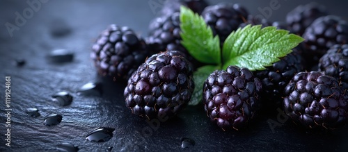 Panel kuchenny z motywem Close-up of fresh blackberries with green leaves on a dark background.
