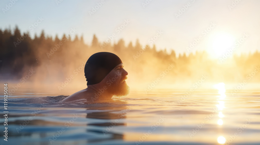 Fototapeta premium swimmer enjoys golden hour light reflecting on water surface, creating serene atmosphere