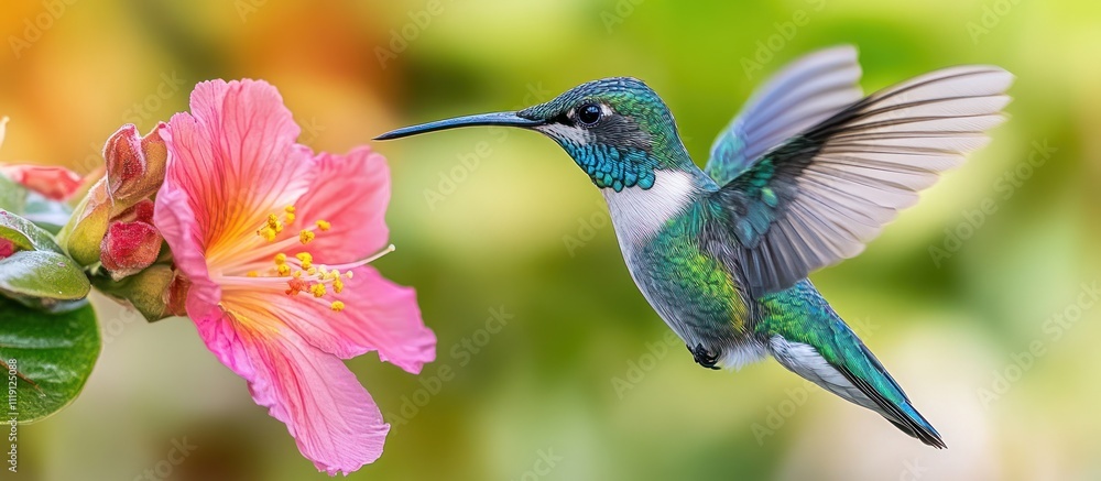 Fototapeta premium A hummingbird hovers in mid-air with its wings spread wide, its beak outstretched toward a pink flower.