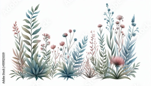 Cryptophyte Plant in watercolor illustration with loose and fluid forms, corner border decoration, photo