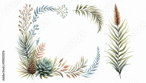 Cryptophyte Plant in watercolor illustration with loose and fluid forms, corner border decoration, photo