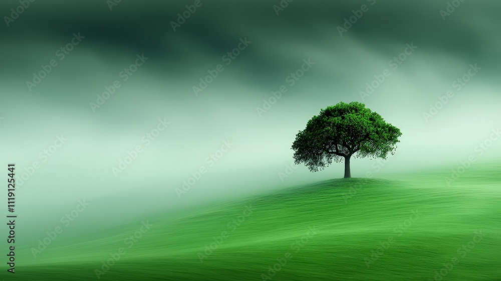 Serene Misty Mountaintop Solitary Tree in Green Field Landscape Serene Misty Mountaintop Solitary Tree in Green Field Landscape