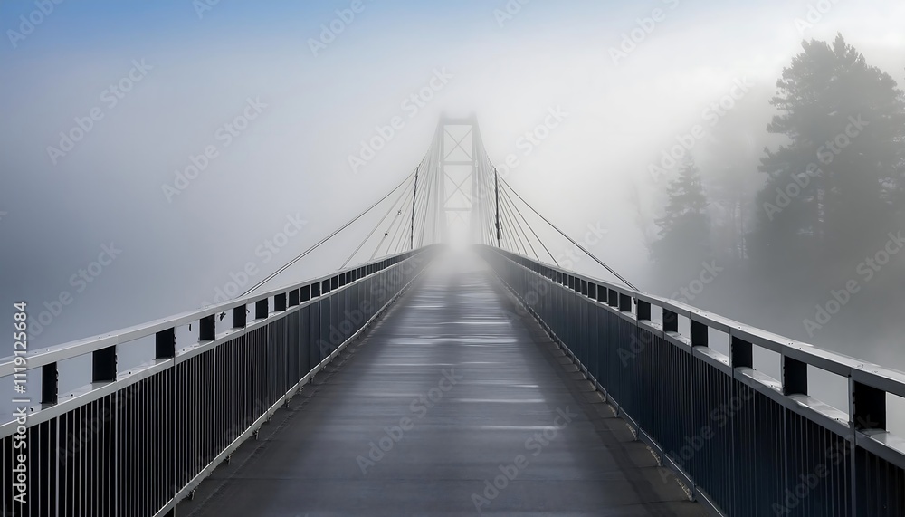 Fototapeta premium Misty bridge leading into foggy landscape.