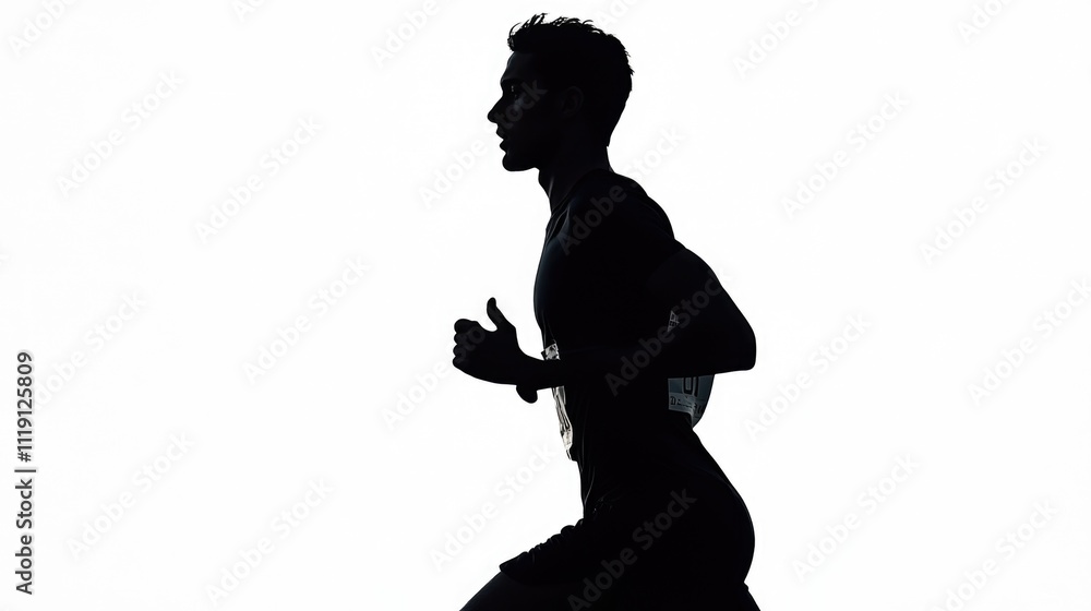 Side view middle shot silhouettes of a male marathon runner over a white background Side view middle shot silhouettes of a male marathon runner over a white background