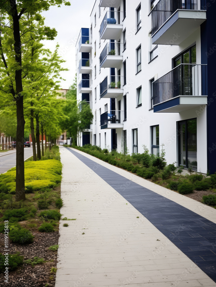 Modern Residential Building with Greenery and Pathway Modern Residential Building with Greenery and Pathway