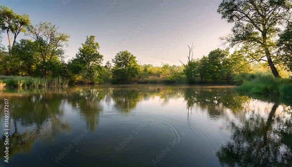 Fototapeta premium Serene river scene with lush greenery and reflections.