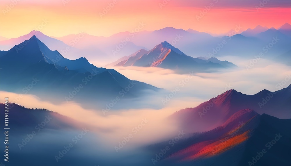 Serene mountain landscape at dawn with mist. Serene mountain landscape at dawn with mist.