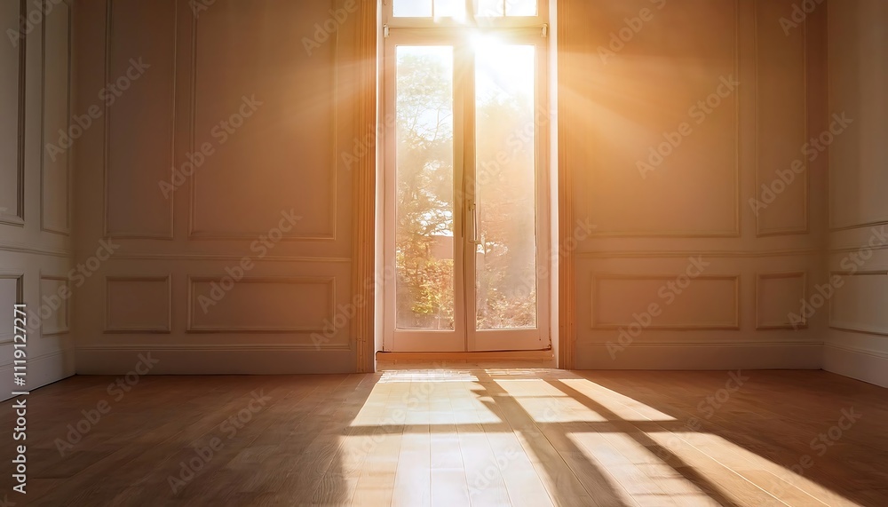Sunlight streaming through a room's open doors. Sunlight streaming through a room's open doors.