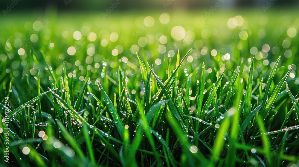 A close-up of vibrant green grass with dew drops glistening in the morning sun, symbolizing fresh growth A close-up of vibrant green grass with dew drops glistening in the morning sun, symbolizing fresh growth