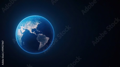 A glowing representation of Earth from space, highlighting continents.