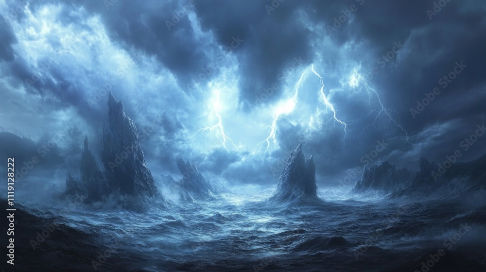 Stormy Seascape with Lightning Strikes and Rocky Outcroppings Stormy Seascape with Lightning Strikes and Rocky Outcroppings