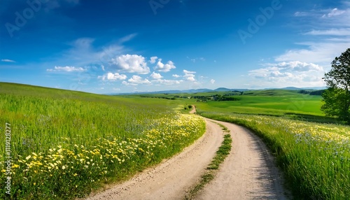 Scenic winding path through lush green fields.