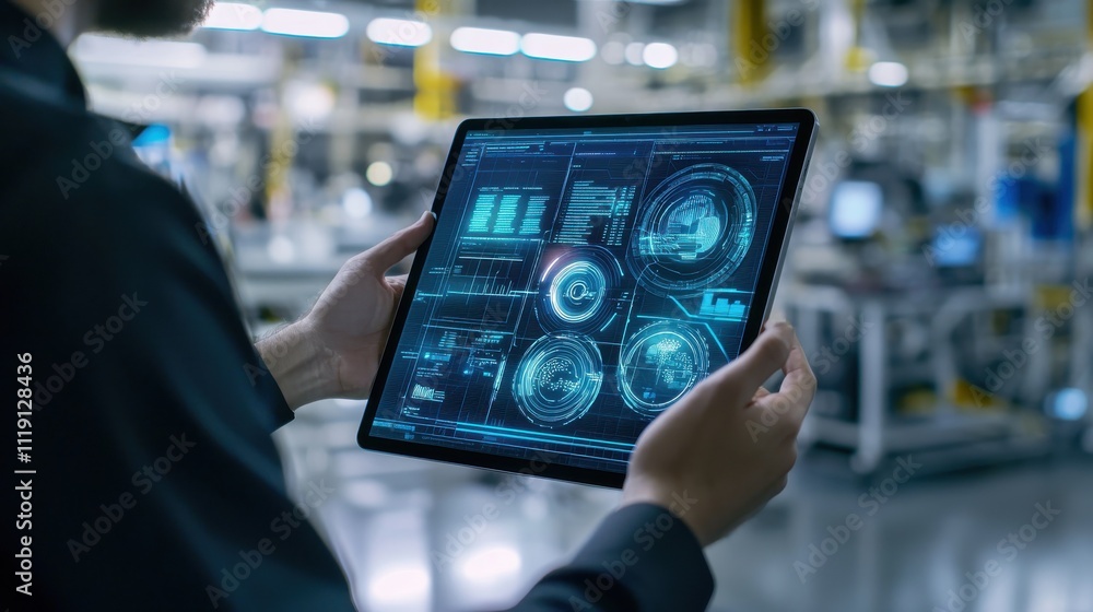 A cybersecurity specialist working on a tablet with a holographic display showing potential threats across a global supply chain network A cybersecurity specialist working on a tablet with a holographic display showing potential threats across a global supply chain network