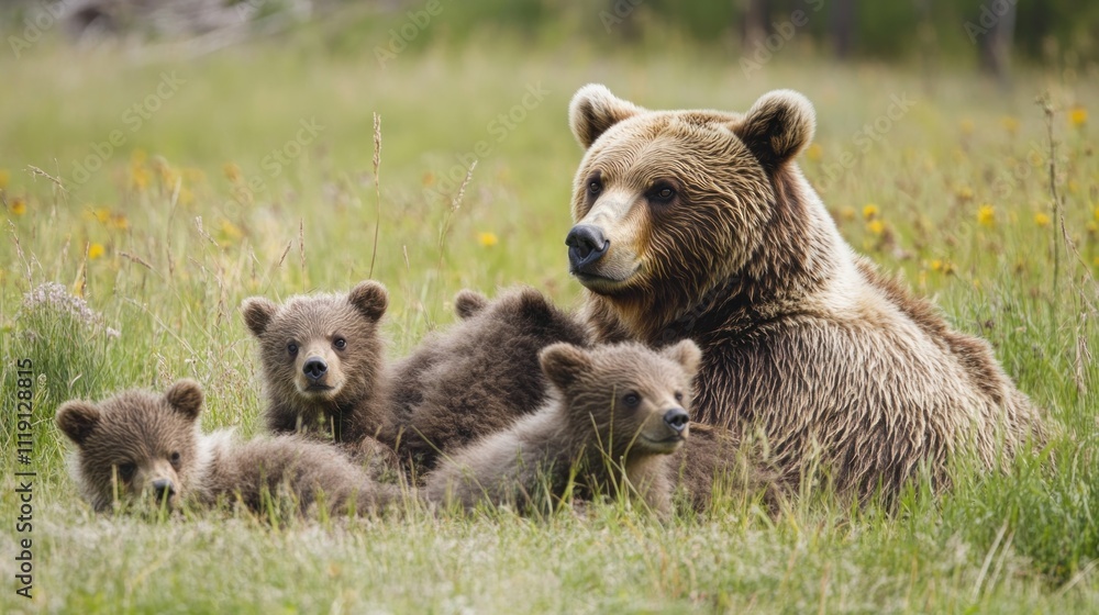 Obraz premium A Brown Bear Mother and her Cubs Resting in the Meadow
