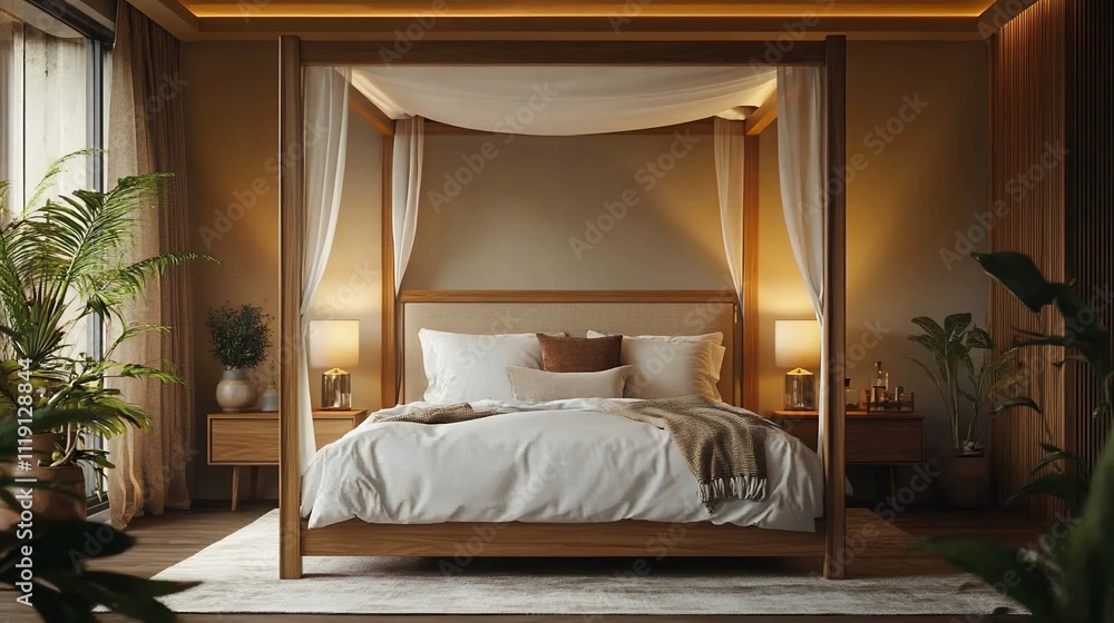 Luxurious bedroom with four-poster bed, warm lighting, and plants. Luxurious bedroom with four-poster bed, warm lighting, and plants.