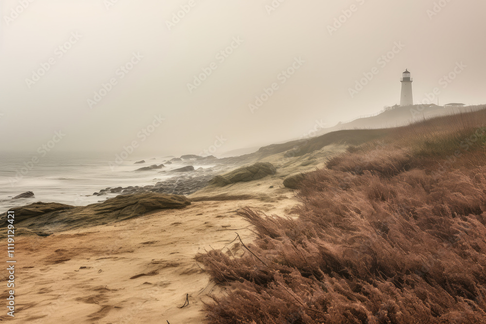 Misty Morning View of Lighthouse on Coastal Dunes Misty Morning View of Lighthouse on Coastal Dunes