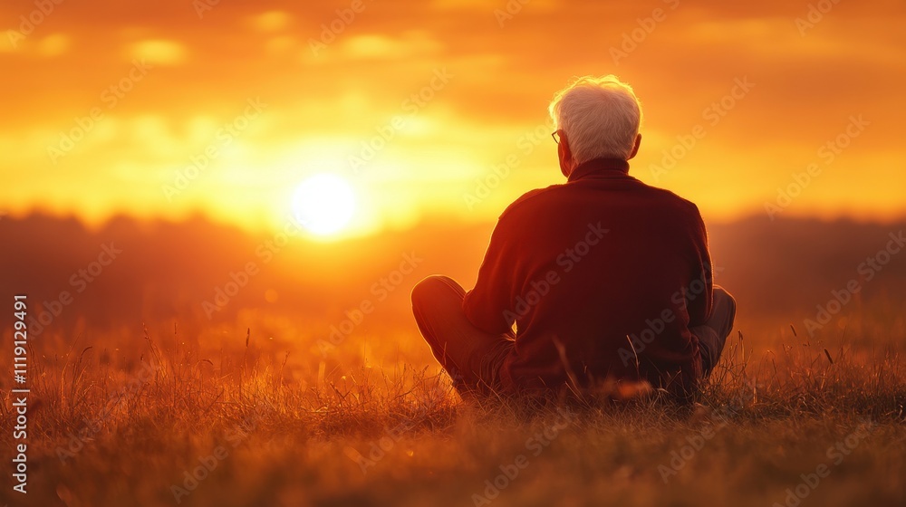 Elderly man sits in field, watching sunset. Perfect for themes of peace, reflection, and aging. Elderly man sits in field, watching sunset. Perfect for themes of peace, reflection, and aging.