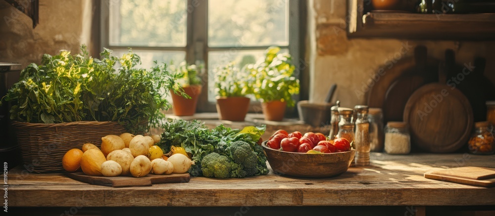Fresh vegetables and herbs on a rustic wooden table in a kitchen with a window and a terracotta pot in the background. Fresh vegetables and herbs on a rustic wooden table in a kitchen with a window and a terracotta pot in the background.