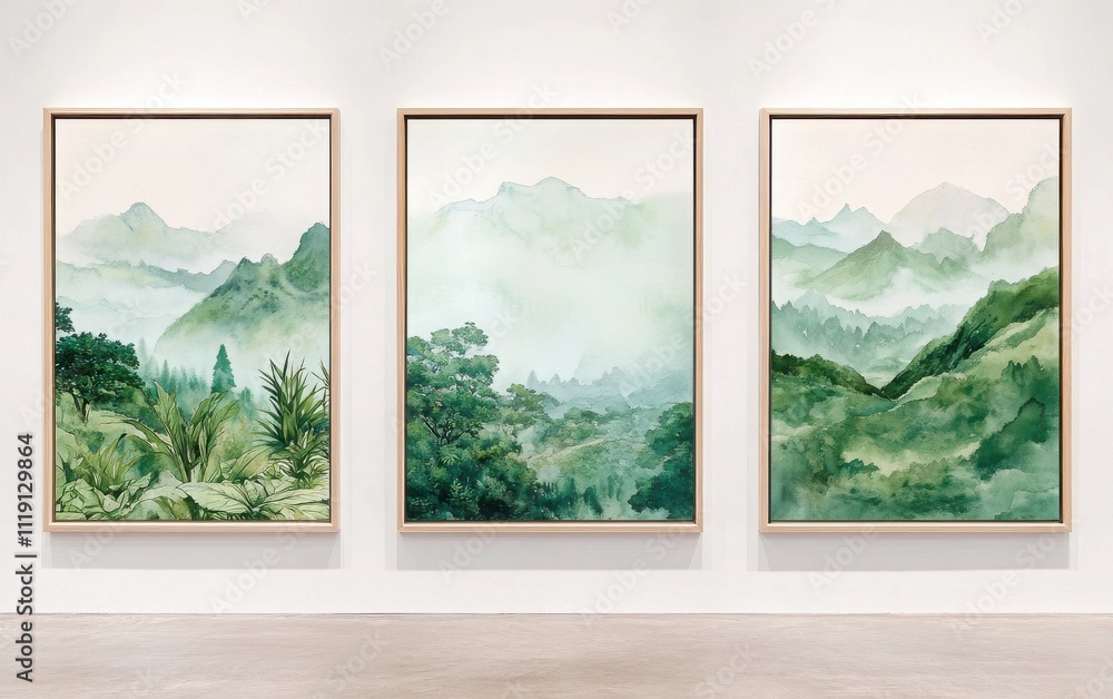 A set of three different-sized frames on a white wall, each containing a high-resolution watercolor painting of nature. A set of three different-sized frames on a white wall, each containing a high-resolution watercolor painting of nature.