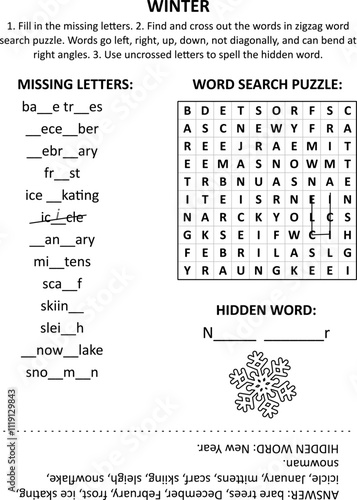 Educational word game, topic "Winter". Missing letters. Word search puzzle. Hidden word. Vocabulary stretching.
