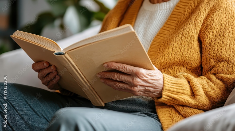 Obraz premium Elderly Person Reading a Book in Cozy Setting