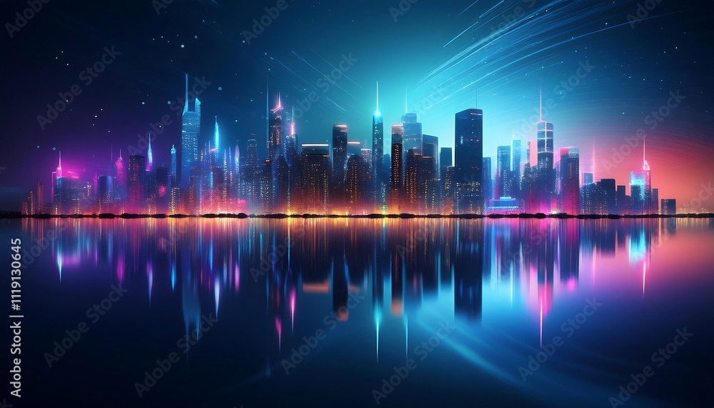 Futuristic city skyline with vibrant reflections. Futuristic city skyline with vibrant reflections.
