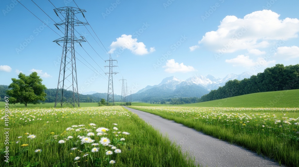 Scenic landscape with mountains, power lines, and a flower-filled field. Scenic landscape with mountains, power lines, and a flower-filled field.